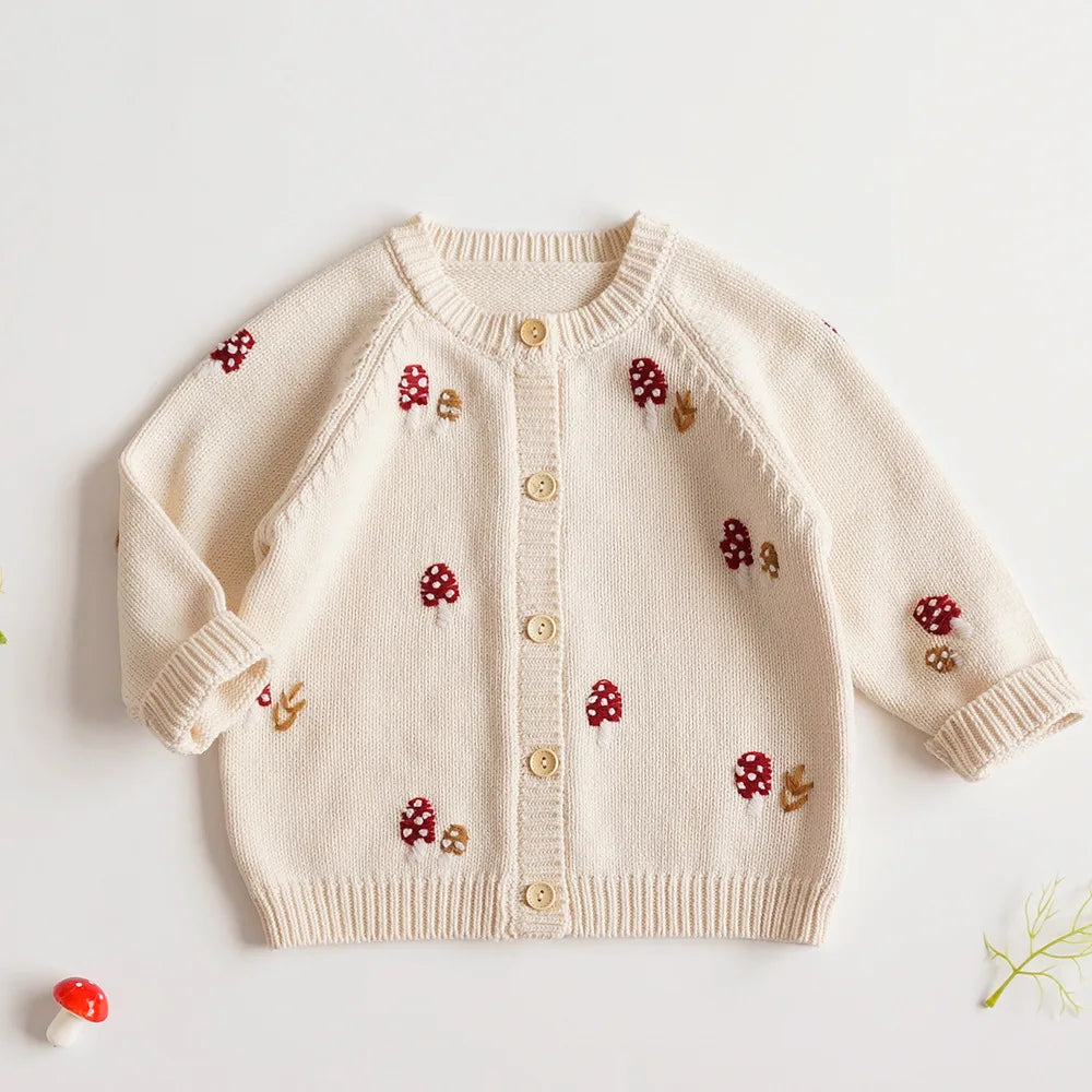deer jonmi New Autumn Winter Baby Girls Knitted Sweaters Embroidery Mushroom Toddlers Kids Cotton Cardigan Coats