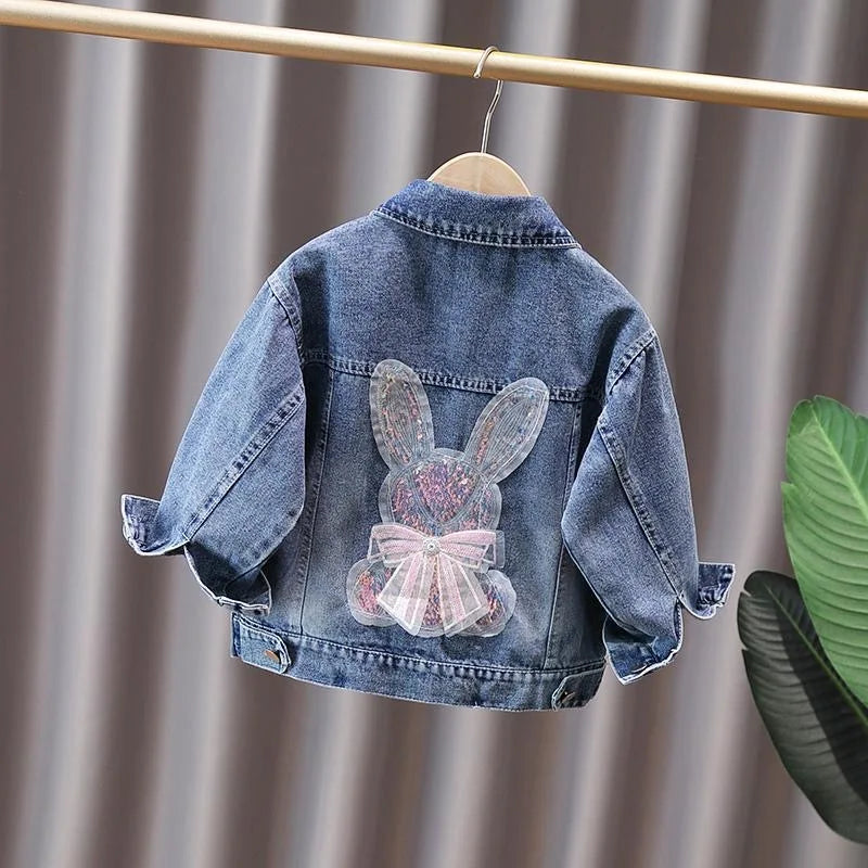 2 3 4 5 6 7 8 9 10 11 12 Years Spring Girls Denim Jacket New Fashion Cute Rabbit Lace Bow Design Girls Outerwear Kids Clothes