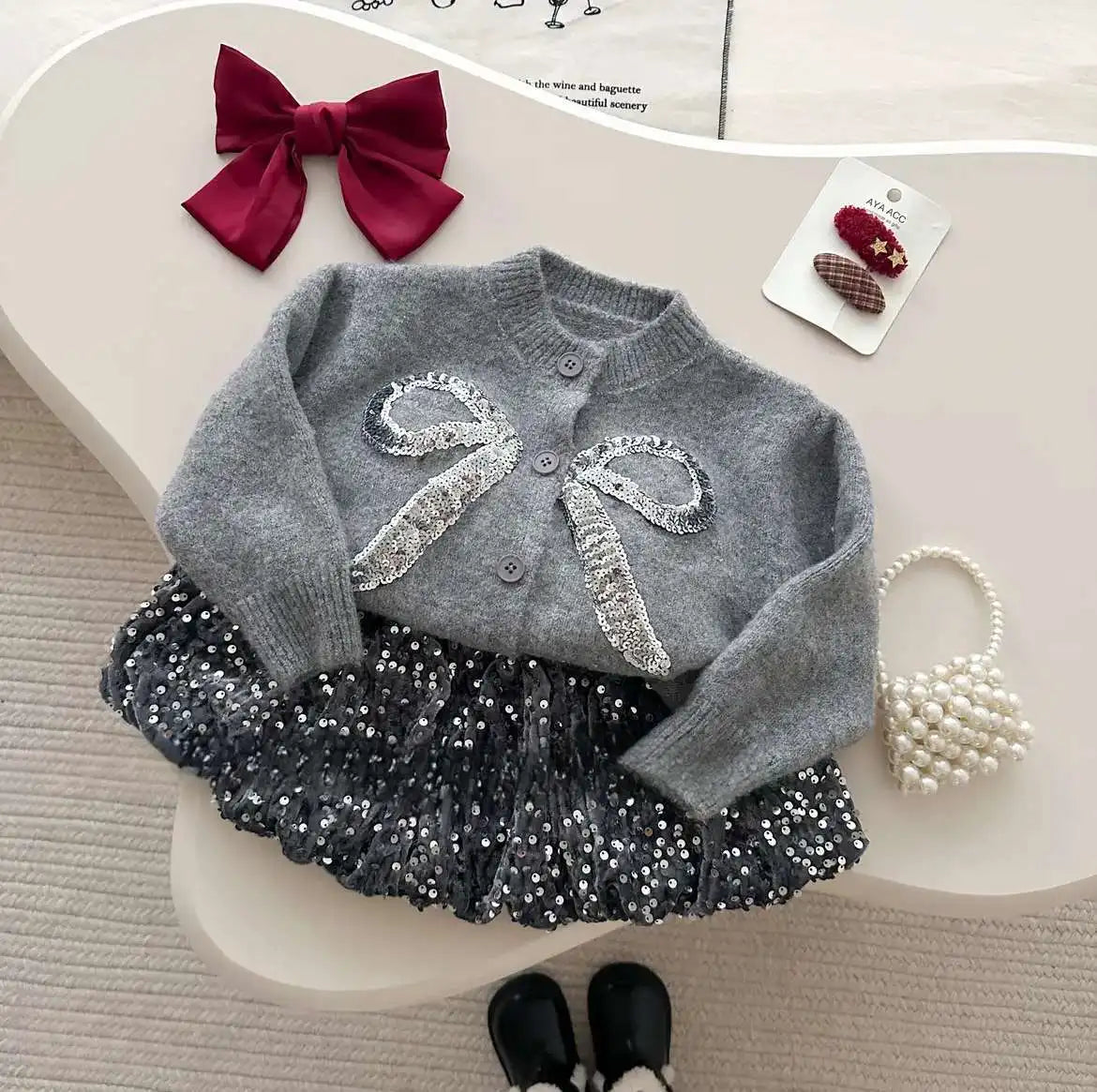 Kids Girls Cute Sweater+Shiny Skirt Fashion Set Delicate Princess  Korean Long Sleeve Bows Knitting Cardigan Coat High Waist A-l