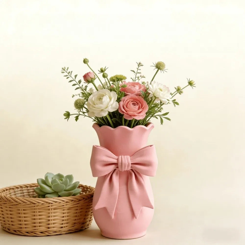 Pink Bow Flower Vase | 3D Printed Twisted Design Decorative Tabletop Vase for Home, Gifting & Special Occasions
