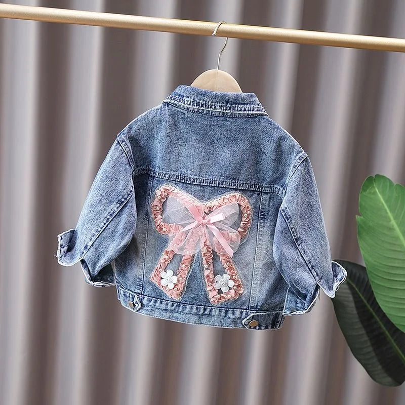 2 3 4 5 6 7 8 9 10 11 12 Years Spring Girls Denim Jacket New Fashion Cute Rabbit Lace Bow Design Girls Outerwear Kids Clothes