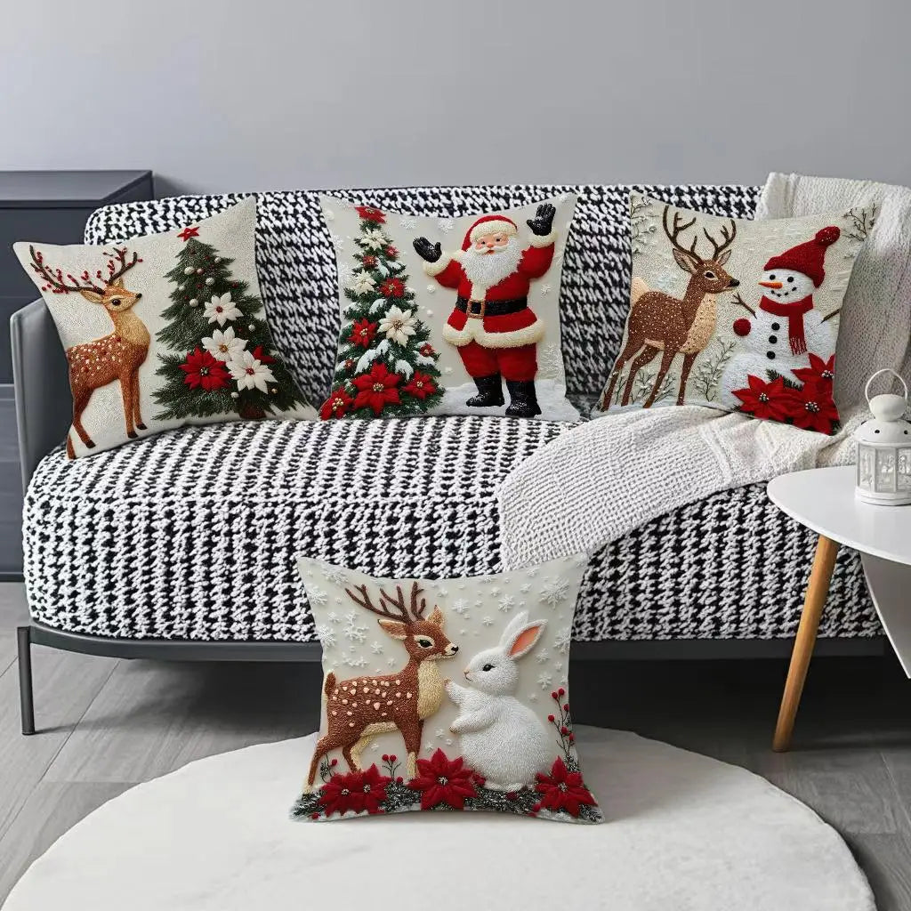 Elegant Christmas Decorative Pillow Cover Cartoon 3D Reindeer Rabbit Print Cushion Case for Sofa Bed Home Holiday Decor
