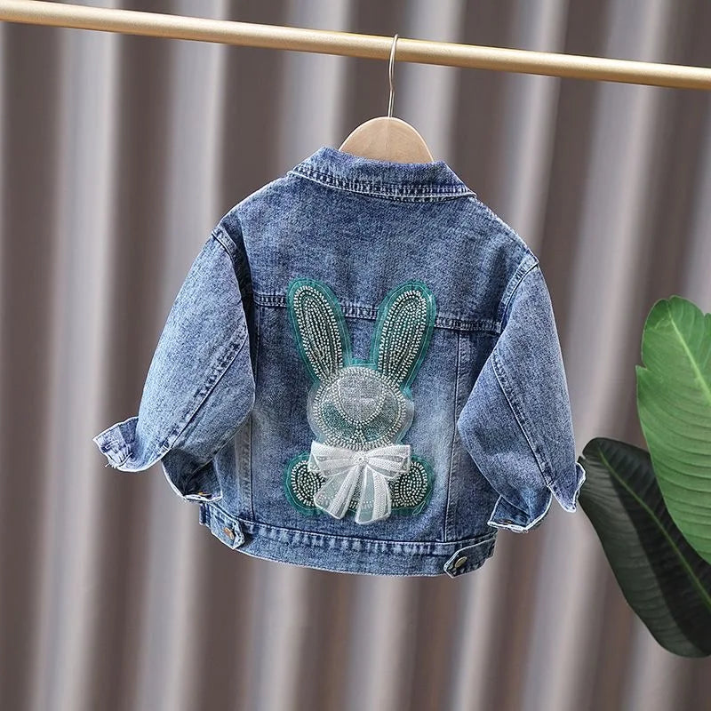 2 3 4 5 6 7 8 9 10 11 12 Years Spring Girls Denim Jacket New Fashion Cute Rabbit Lace Bow Design Girls Outerwear Kids Clothes