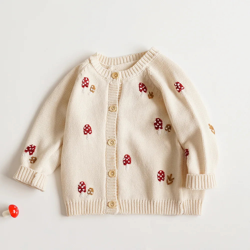deer jonmi New Autumn Winter Baby Girls Knitted Sweaters Embroidery Mushroom Toddlers Kids Cotton Cardigan Coats