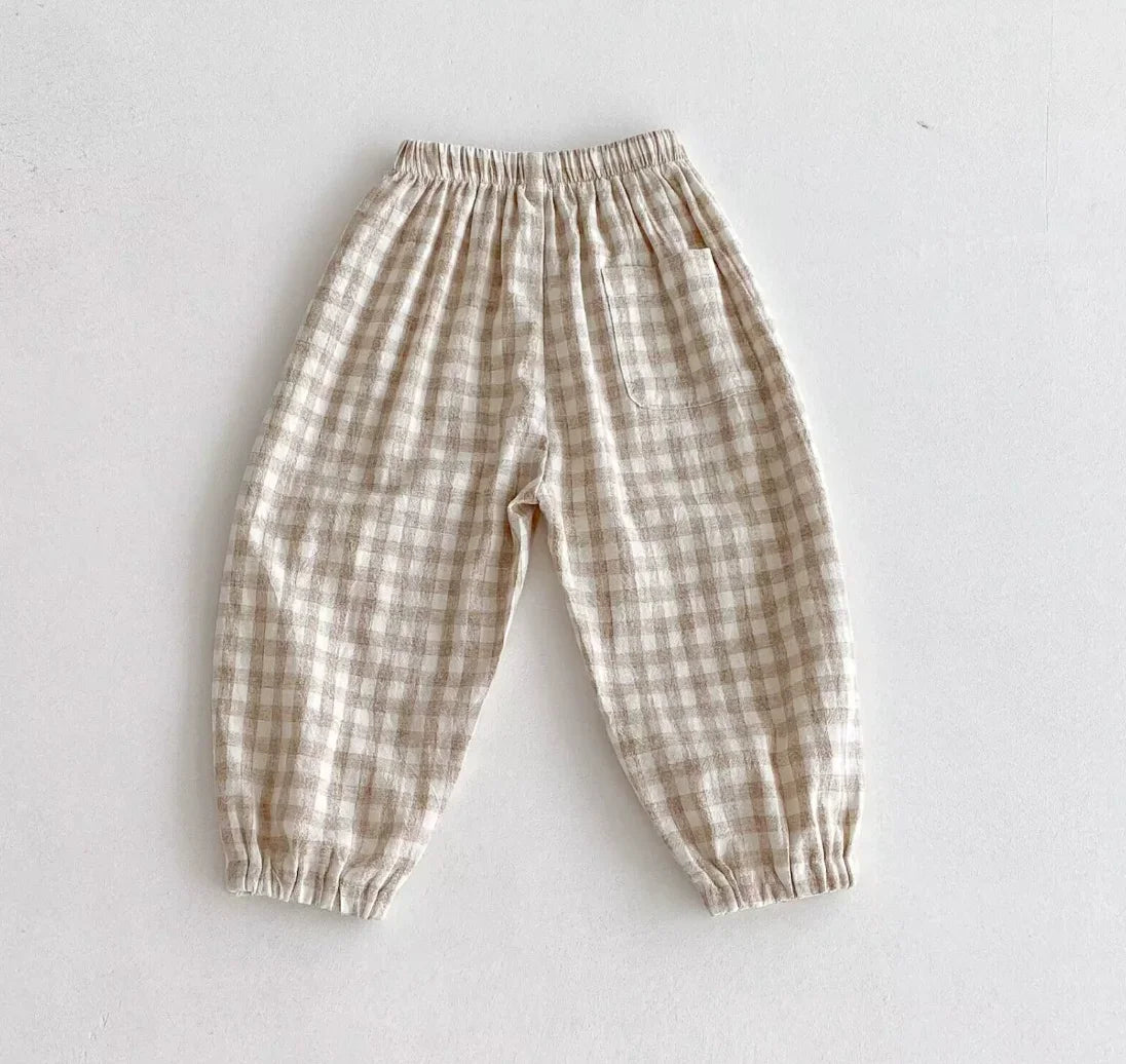 Spring Summer Boys Striped Loose Pants Baby Girl Vintage Casual Linen Cotton Harlan Pants Kids Lace-up Pant Children Clothing