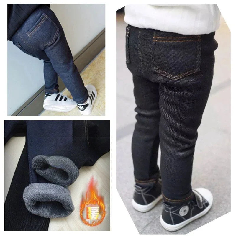 Autumn Winter Children's Jeans Boys and Girls' Solid Color Thin Velvet Elastic Belt Jeans Infant Elastic Denim Pants 1-6Y
