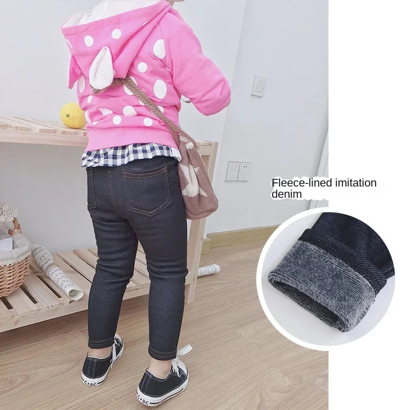 Autumn Winter Children's Jeans Boys and Girls' Solid Color Thin Velvet Elastic Belt Jeans Infant Elastic Denim Pants 1-6Y