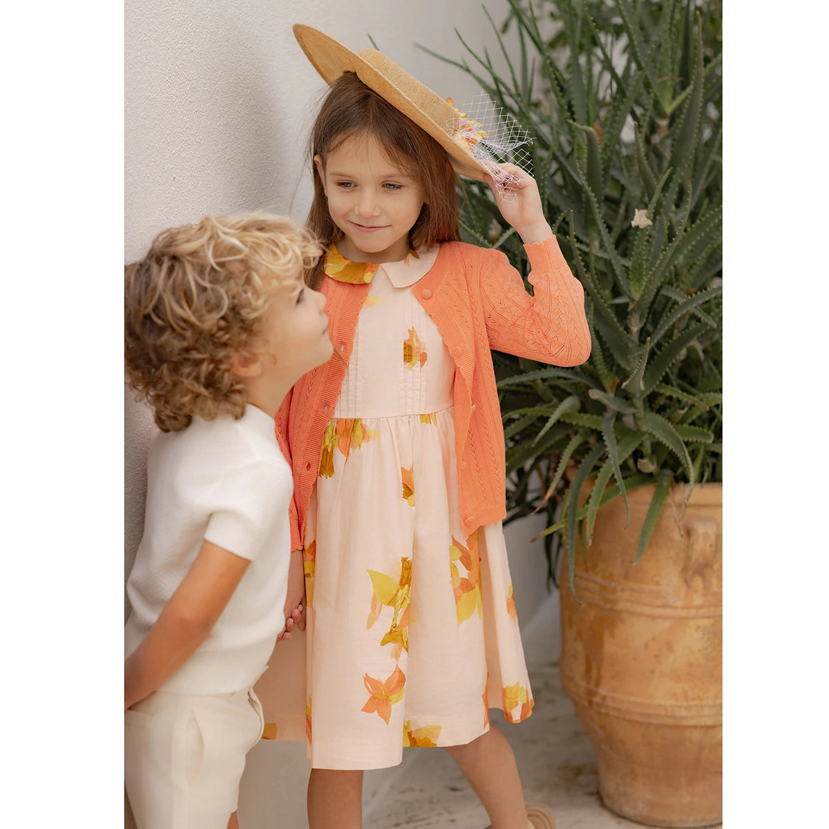 AP Spanish Sunset Collection SS26 Girls Puff Sleeves Dress Embroidery Sweater Boy V-neck Blazer Brothers Sisters Family Matching