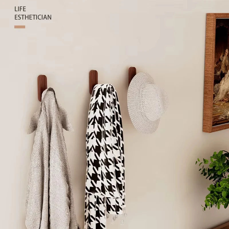 Self Adhesive Mounted Walnut Wood Wall Hooks for Hanging Coat Towel Clothes Blanket Hat Backpack Robe Entryway Key Holder