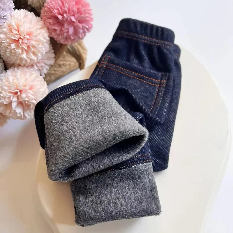 Autumn Winter Children's Jeans Boys and Girls' Solid Color Thin Velvet Elastic Belt Jeans Infant Elastic Denim Pants 1-6Y