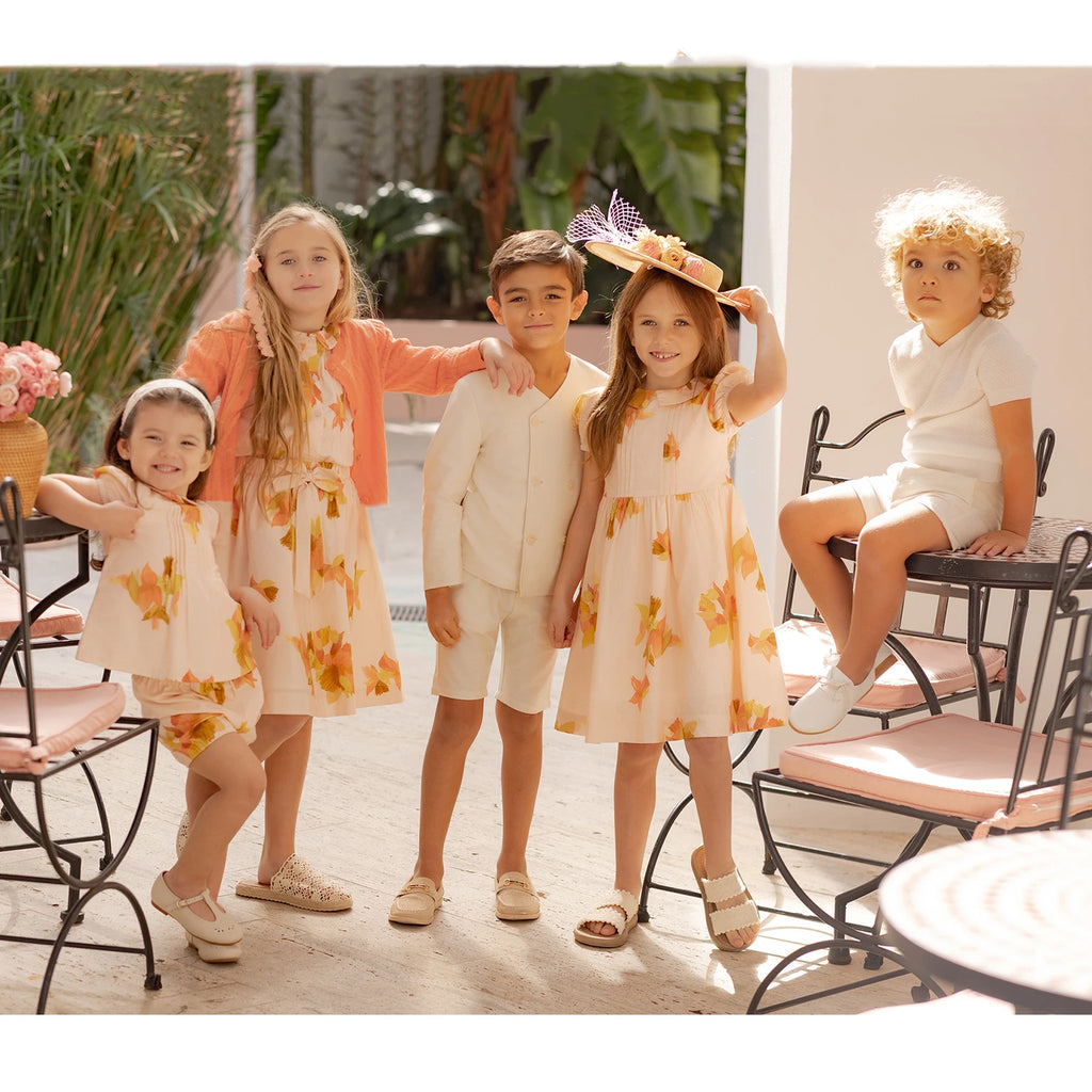 AP Spanish Sunset Collection SS26 Girls Puff Sleeves Dress Embroidery Sweater Boy V-neck Blazer Brothers Sisters Family Matching