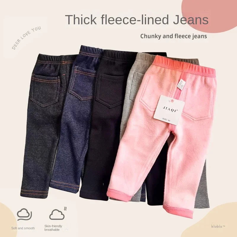 Autumn Winter Children's Jeans Boys and Girls' Solid Color Thin Velvet Elastic Belt Jeans Infant Elastic Denim Pants 1-6Y