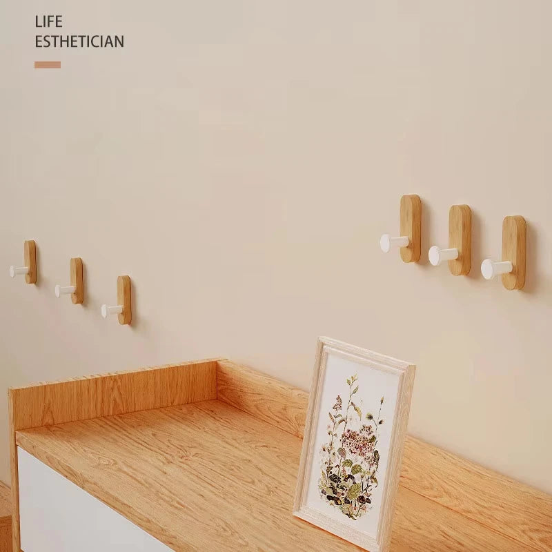 Self Adhesive Mounted Walnut Wood Wall Hooks for Hanging Coat Towel Clothes Blanket Hat Backpack Robe Entryway Key Holder
