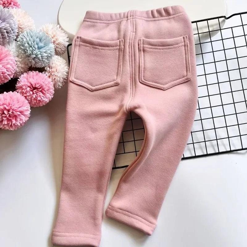 Autumn Winter Children's Jeans Boys and Girls' Solid Color Thin Velvet Elastic Belt Jeans Infant Elastic Denim Pants 1-6Y