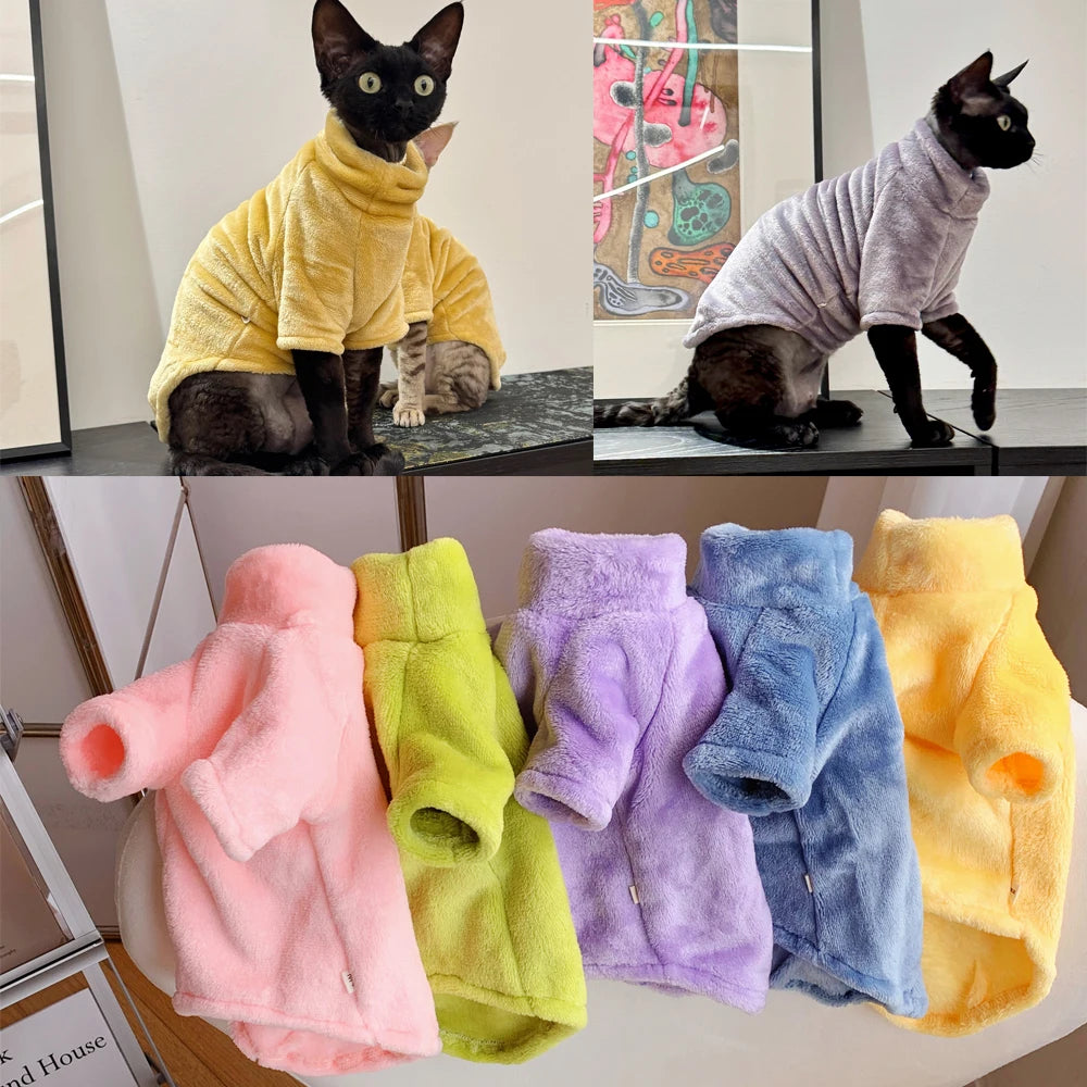 Warm Pure Color Sphynx Cat Turtleneck Sweater Hairless Cat Clothes Soft Winter Coat Thickening Sweet Fleece Jumpsuit for Devon