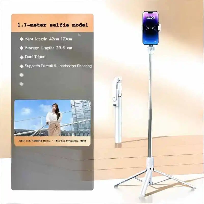 1700mm Wireless Selfie Stick Tripod for Smartphone, Extendable Foldable Phone Stand, Portable Monopod with Stable Shooting