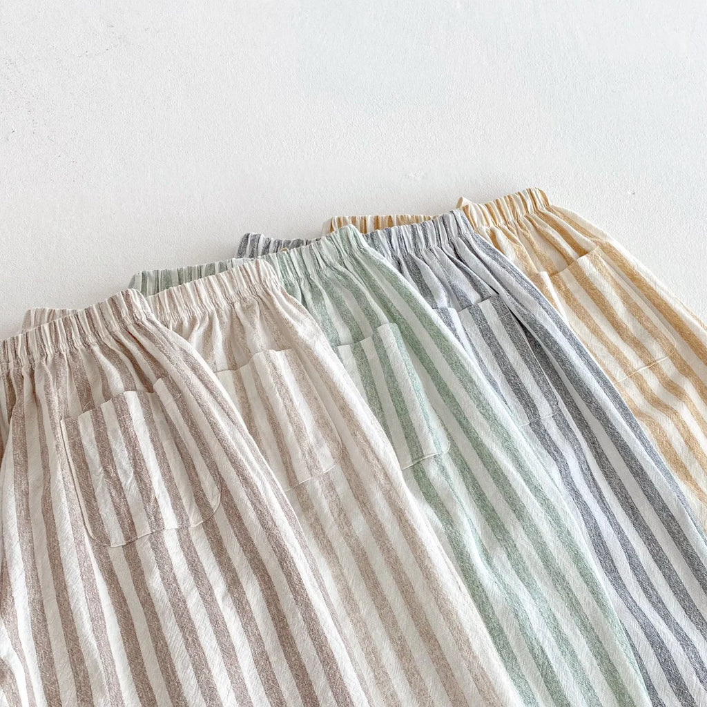 Spring Summer Boys Striped Loose Pants Baby Girl Vintage Casual Linen Cotton Harlan Pants Kids Lace-up Pant Children Clothing