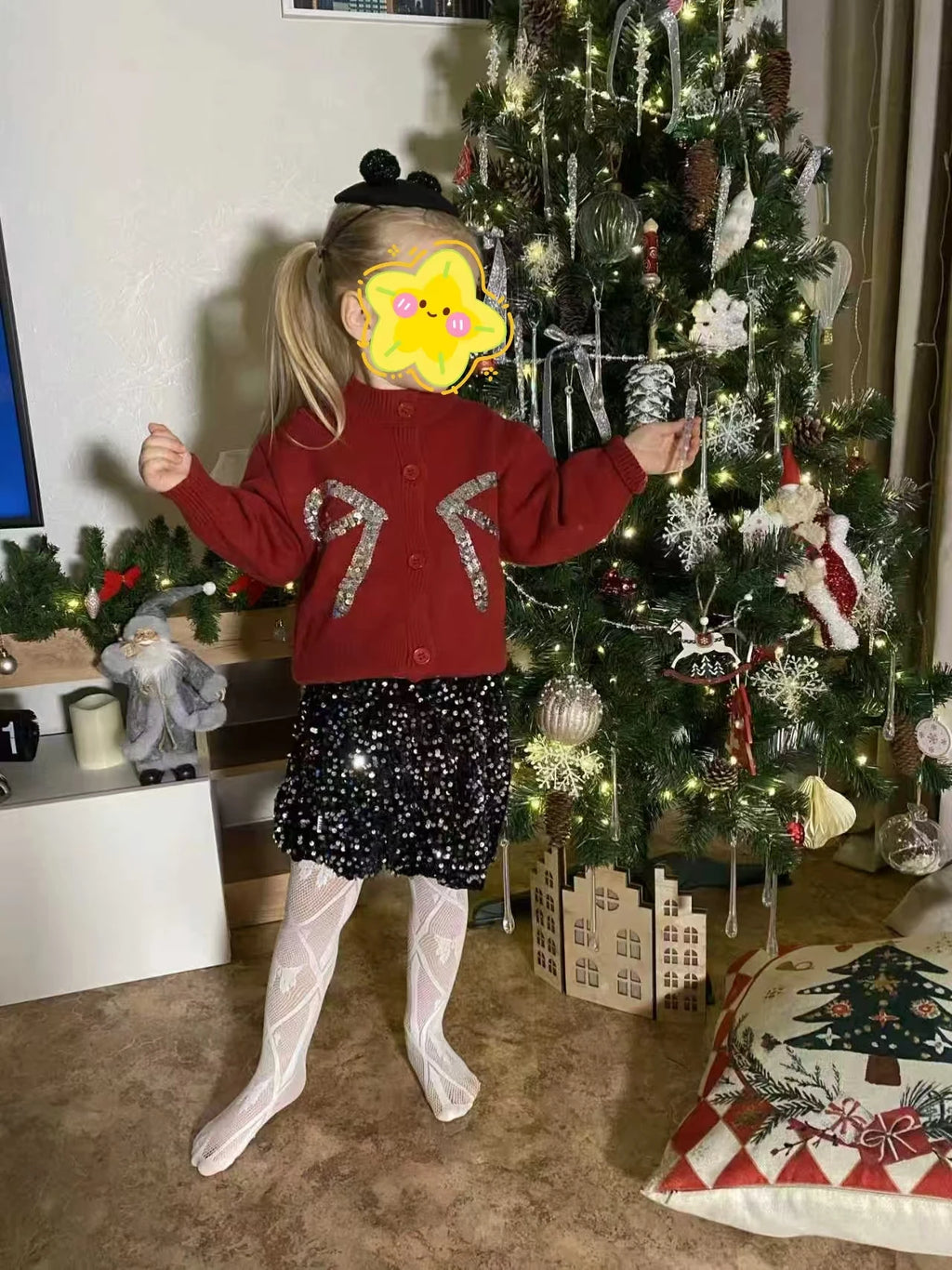 Kids Girls Cute Sweater+Shiny Skirt Fashion Set Delicate Princess  Korean Long Sleeve Bows Knitting Cardigan Coat High Waist A-l