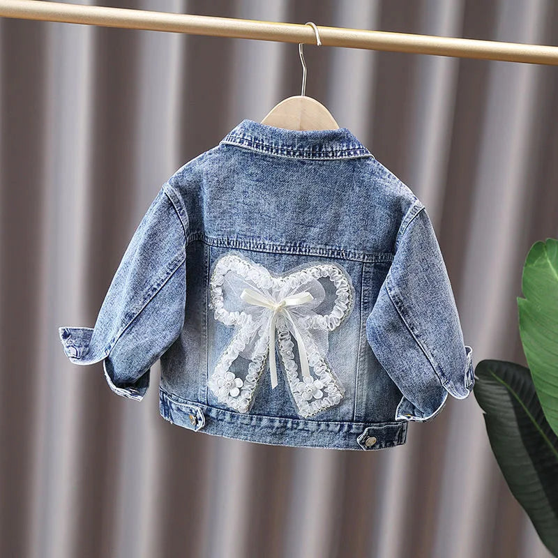2 3 4 5 6 7 8 9 10 11 12 Years Spring Girls Denim Jacket New Fashion Cute Rabbit Lace Bow Design Girls Outerwear Kids Clothes