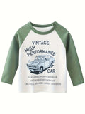 Cartoon Vehicle Creative Colorblock Long Sleeve T-shirt, Casual Lightweight Comfy Tops, Boys Clothes Outdoor