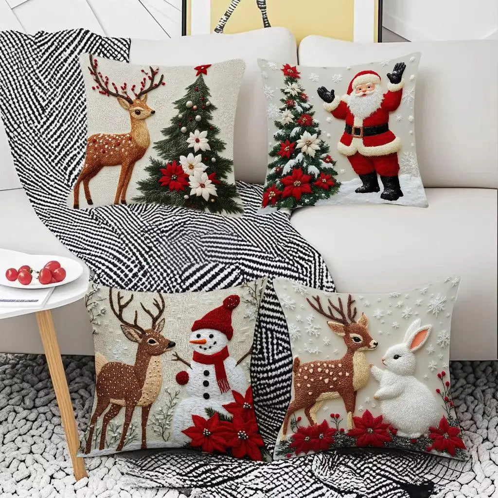 Elegant Christmas Decorative Pillow Cover Cartoon 3D Reindeer Rabbit Print Cushion Case for Sofa Bed Home Holiday Decor