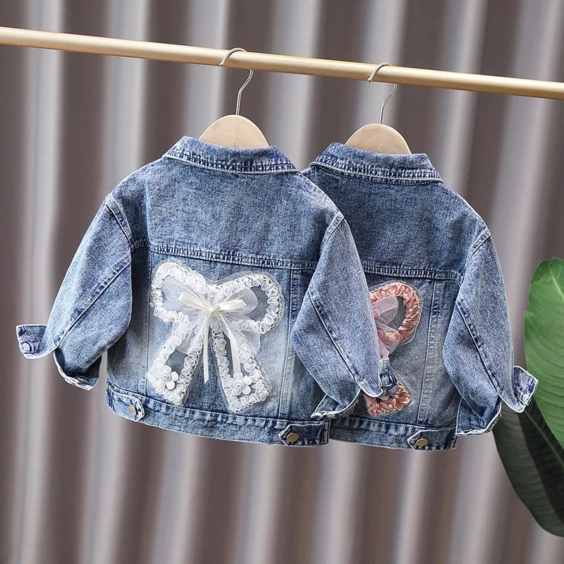 2 3 4 5 6 7 8 9 10 11 12 Years Spring Girls Denim Jacket New Fashion Cute Rabbit Lace Bow Design Girls Outerwear Kids Clothes