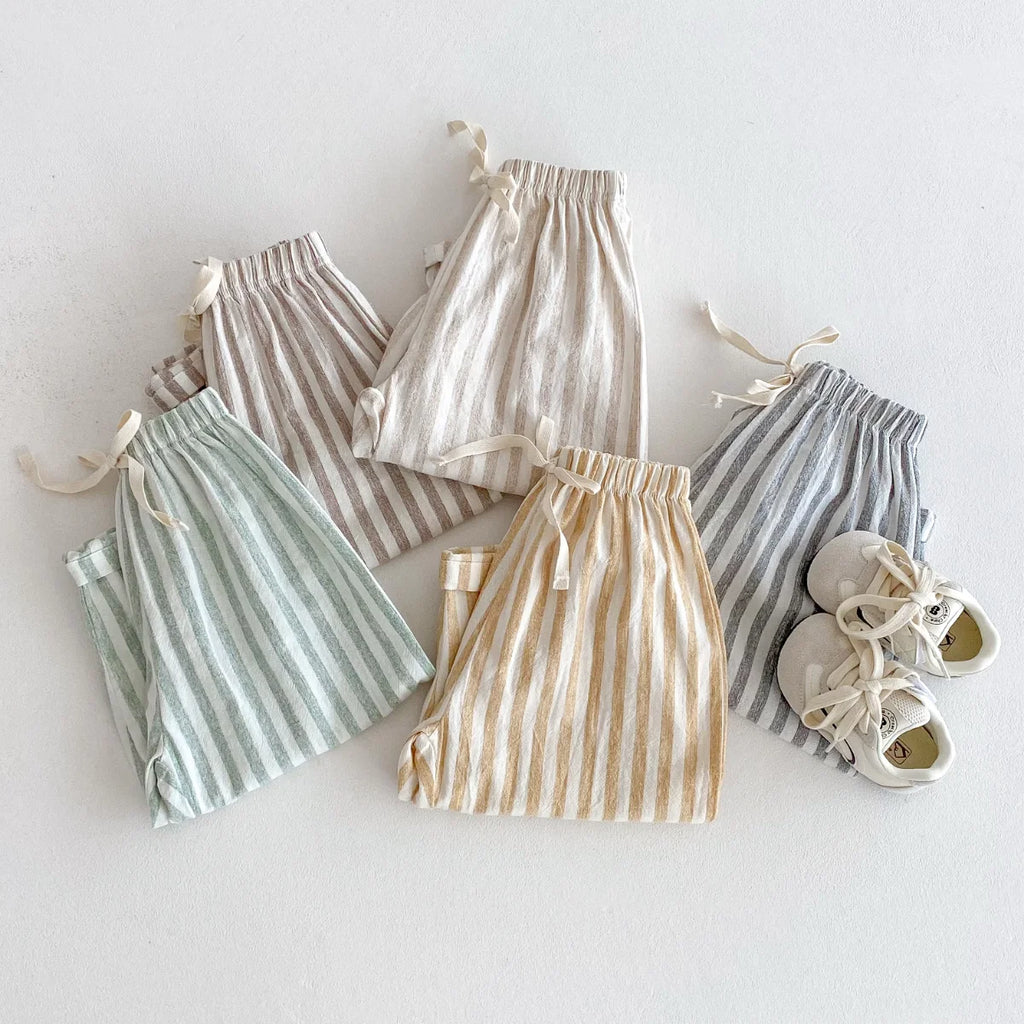 Spring Summer Boys Striped Loose Pants Baby Girl Vintage Casual Linen Cotton Harlan Pants Kids Lace-up Pant Children Clothing