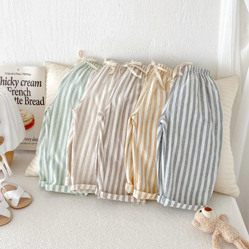 Spring Summer Boys Striped Loose Pants Baby Girl Vintage Casual Linen Cotton Harlan Pants Kids Lace-up Pant Children Clothing