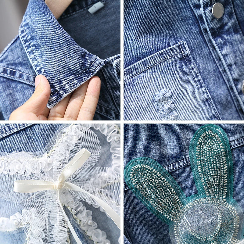 2 3 4 5 6 7 8 9 10 11 12 Years Spring Girls Denim Jacket New Fashion Cute Rabbit Lace Bow Design Girls Outerwear Kids Clothes