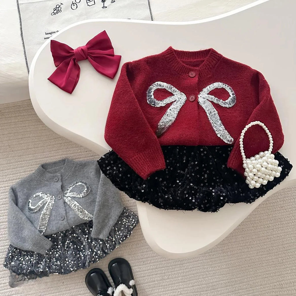 Kids Girls Cute Sweater+Shiny Skirt Fashion Set Delicate Princess  Korean Long Sleeve Bows Knitting Cardigan Coat High Waist A-l