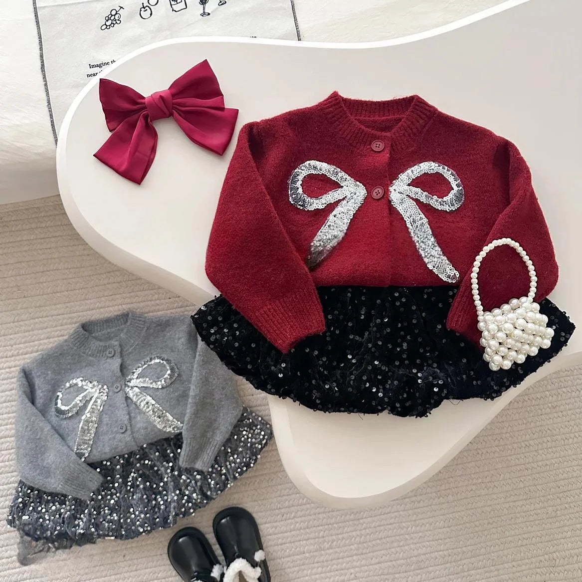 Kids Girls Cute Sweater+Shiny Skirt Fashion Set Delicate Princess  Korean Long Sleeve Bows Knitting Cardigan Coat High Waist A-l