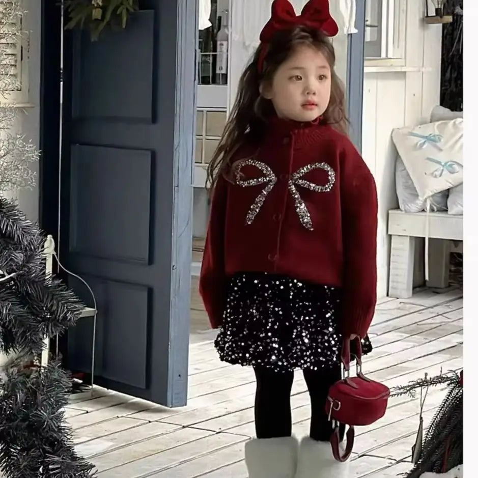 Kids Girls Cute Sweater+Shiny Skirt Fashion Set Delicate Princess  Korean Long Sleeve Bows Knitting Cardigan Coat High Waist A-l